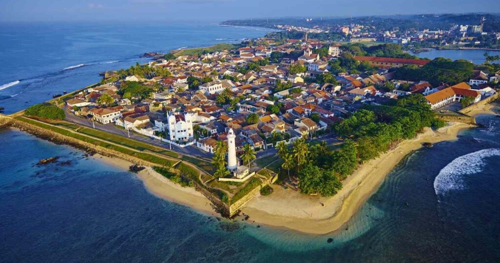 Aerial coast panorama of Galle Dutch Fort and Lighthouse